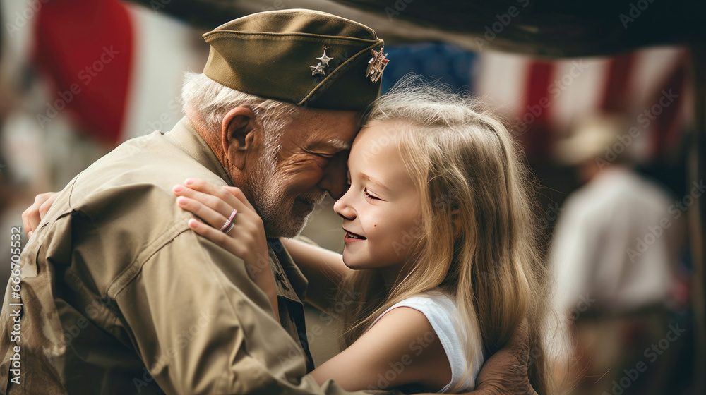 Affectionate military reunion between father and daughter - obrazy, fototapety, plakaty 