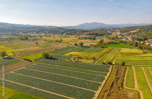 Elevated view of farmland and landscape at Monterchi, Province of Arezzo