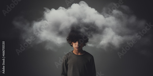 Young boy with cloud over his head depicting solitude, depression, introspection, mental health issues