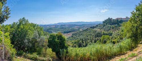 View of hills and landscape and town near San Vivaldo, Tuscany