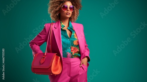 A trendy summer pink and fuchsia suit, strappy sandals, orange sunglasses, and a green quilted faux leather bag are being worn by a woman who is posing in a studio with a blue background.
