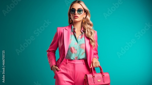 A trendy summer pink and fuchsia suit, strappy sandals, orange sunglasses, and a green quilted faux leather bag are being worn by a woman who is posing in a studio with a blue background.