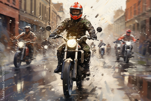 motorcyclists ride motorcycles through the city, watercolor illustration