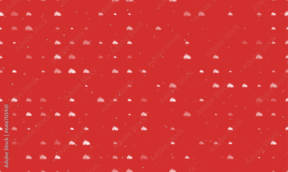 Seamless background pattern of evenly spaced white tractor symbols of different sizes and opacity. Vector illustration on red background with stars Seamless background pattern of evenly spaced white tractor symbols of different sizes and opacity. Vector illustration on red background with stars