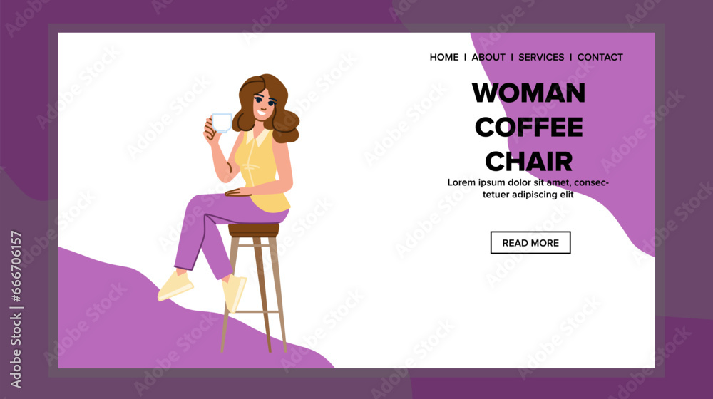 leisure woman coffee chair vector. relax arm, tea young, person cup leisure woman coffee chair web flat cartoon illustration