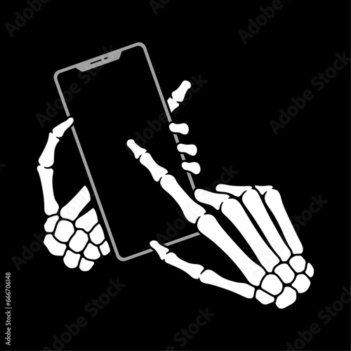SKELETON HANDS HOLDING SMARTPHONE WHITE BLACK BACKGROUND