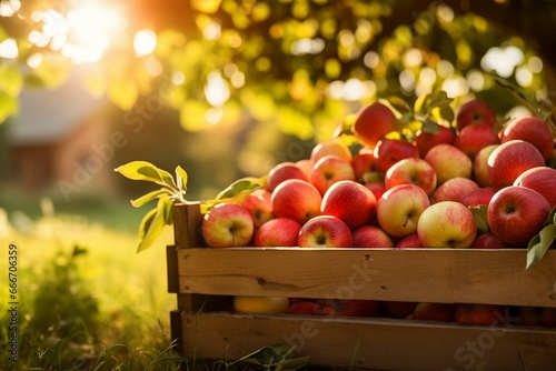 freshly harvested apples in a crate. Blurred apple trees in sunlight in the background. Generative AI