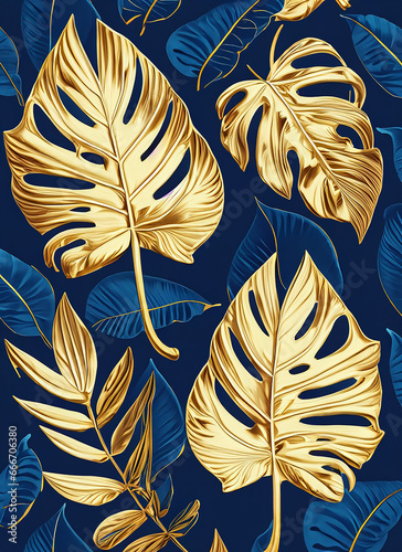 Golden monstera leaves on a navy blue background  