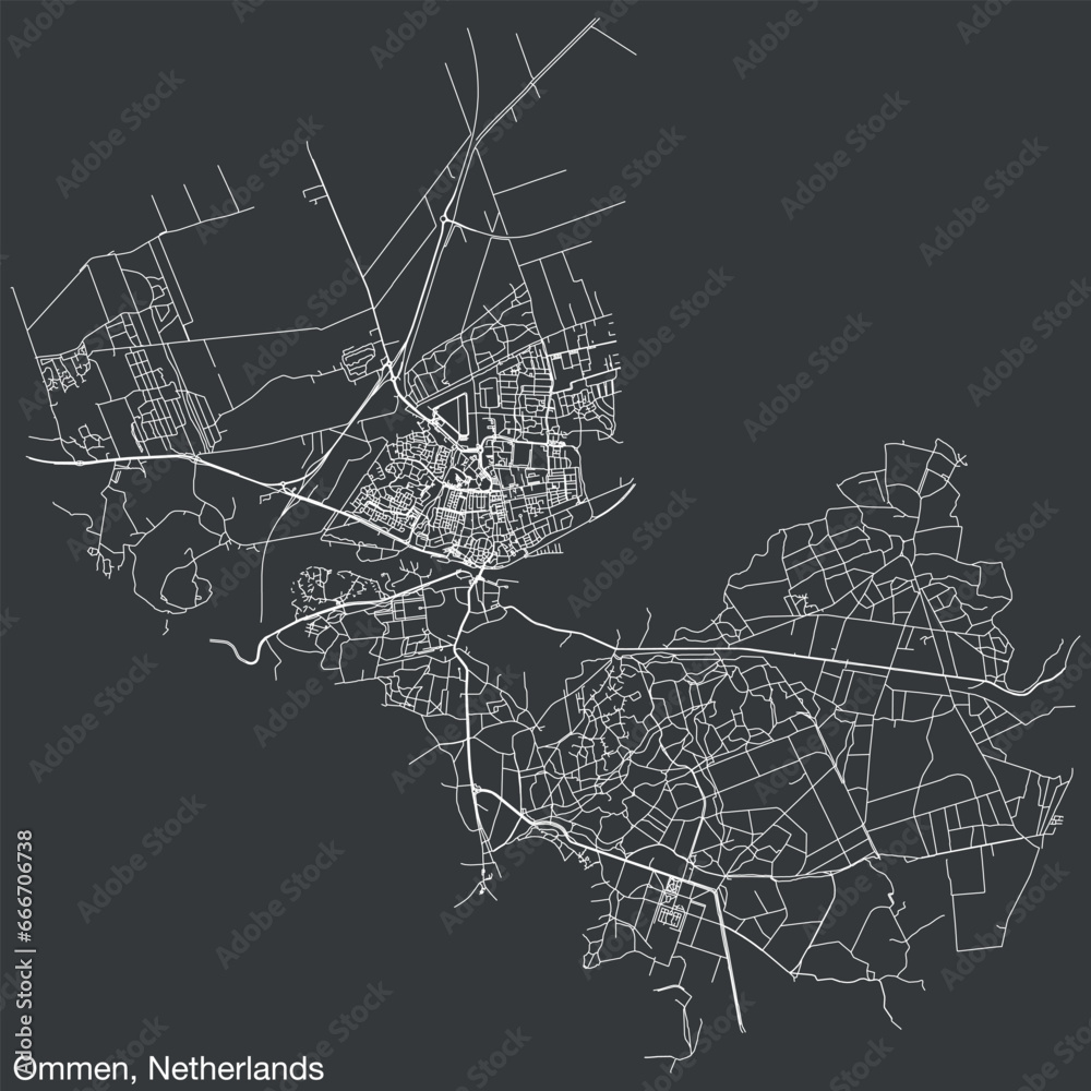 Detailed hand-drawn navigational urban street roads map of the Dutch city of OMMEN, NETHERLANDS with solid road lines and name tag on vintage background