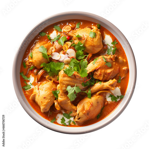 Butter chicken tikka masala served with roti on white background