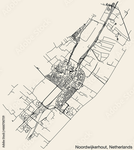 Detailed hand-drawn navigational urban street roads map of the Dutch city of NOORDWIJKERHOUT, NETHERLANDS with solid road lines and name tag on vintage background