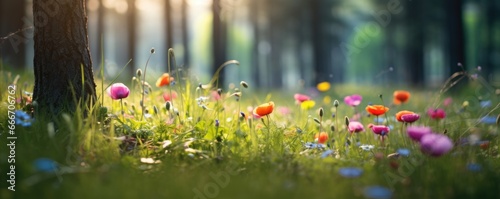  The landscape of colorful flowers in a forest with the focus on the setting sun. Soft focus