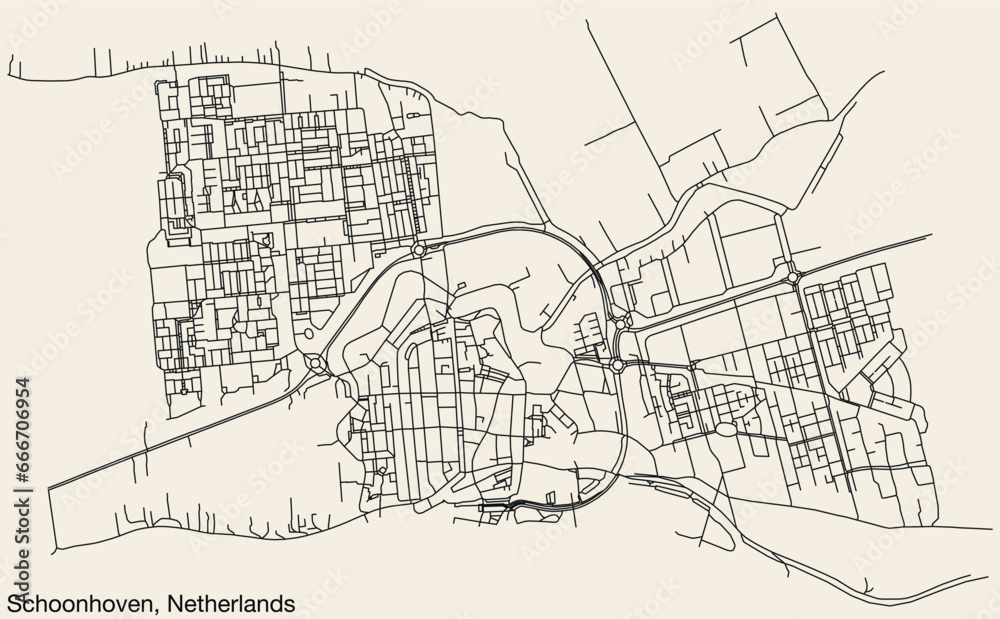 Detailed hand-drawn navigational urban street roads map of the Dutch city of SCHOONHOVEN, NETHERLANDS with solid road lines and name tag on vintage background