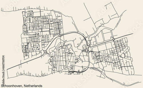 Detailed hand-drawn navigational urban street roads map of the Dutch city of SCHOONHOVEN, NETHERLANDS with solid road lines and name tag on vintage background