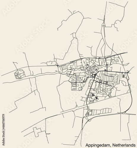 Detailed hand-drawn navigational urban street roads map of the Dutch city of APPINGEDAM, NETHERLANDS with solid road lines and name tag on vintage background