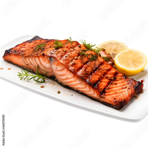 Grilled salmon isolated on white background.