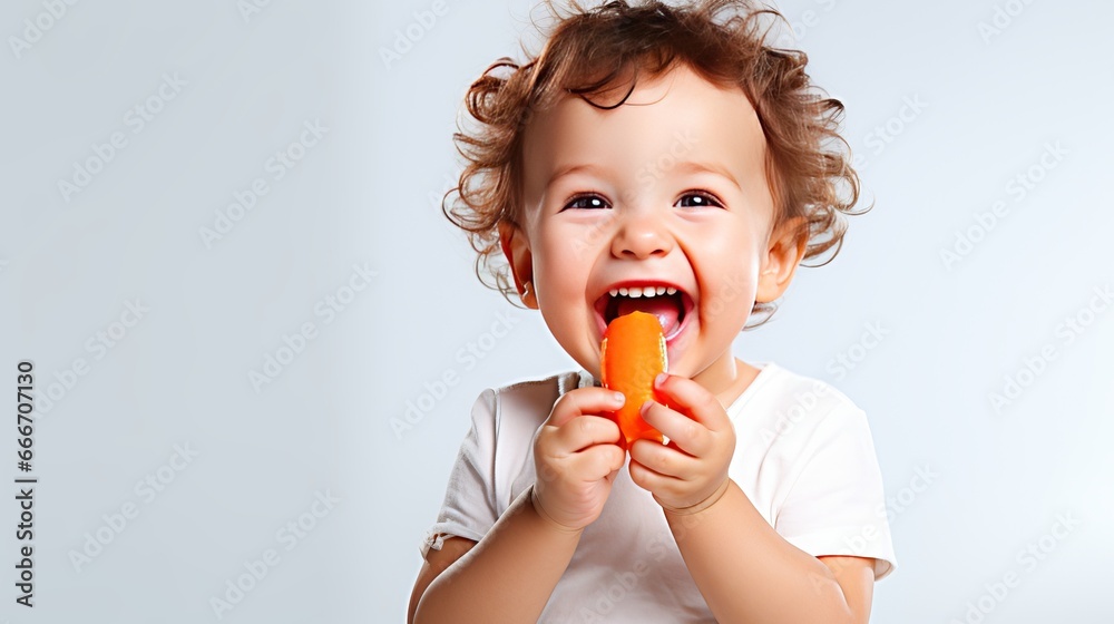 A small boy is biting a carrot while it's isolated on white A small boy is biting a carrot while it's isolated on white