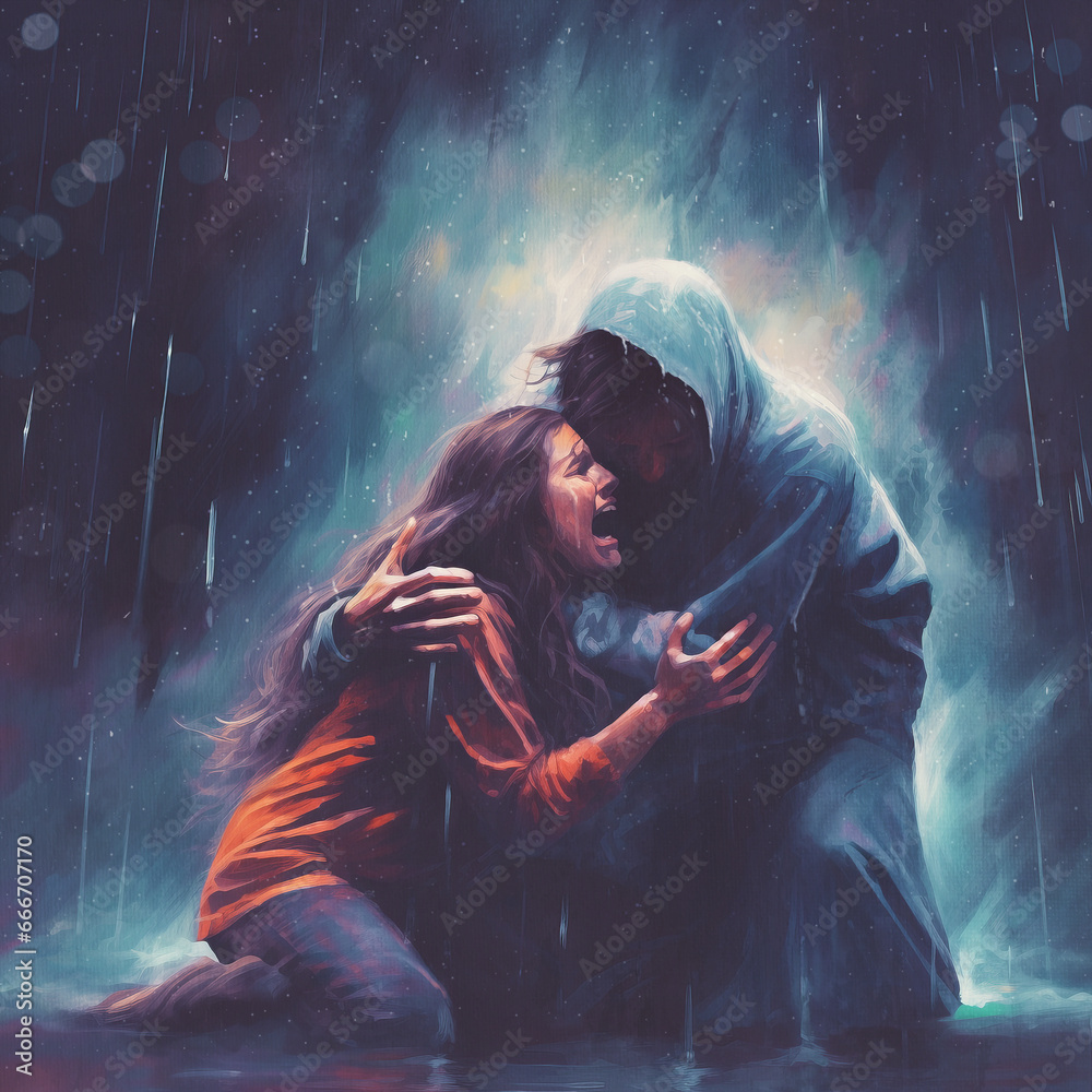 Jesus holds a woman in the storm - obrazy, fototapety, plakaty 