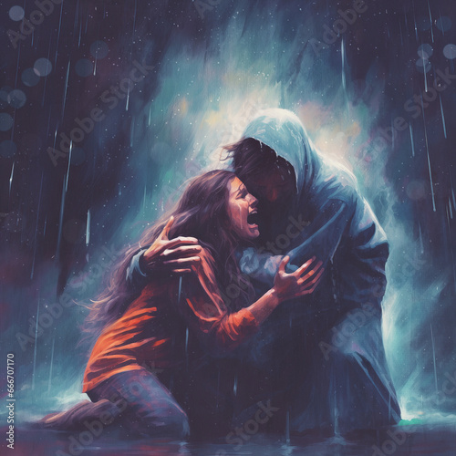 Jesus holds a woman in the storm