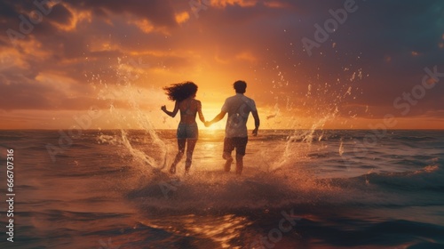 Young couple holding hands and run in water against sunset background