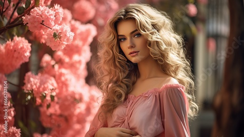 A spring girl wearing fragrant pink flowers in a park full of blooming plants. A woman in a blooming garden with fashion cosmetics and perfumes. Curly blonde hair.