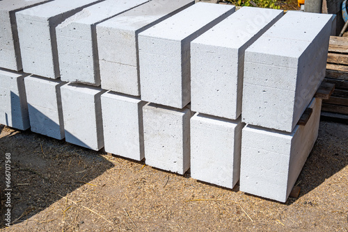 Storage of aerated concrete blocks. Laying aerated concrete blocks. Construction of aerated concrete blocks, bricks. photo
