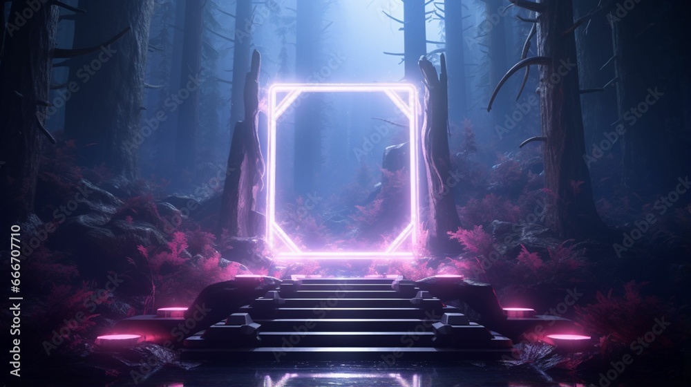 Ethereal Radiance: A 3D Natural Stones Display Podium Illuminated by Enchanting Neon Pink Lights, Crafted from Artisanal Stones, Creating an Enthralling and Immersive Sculptural Showcase Ethereal Radiance: A 3D Natural Stones Display Podium Illuminated by Enchanting Neon Pink Lights, Crafted from Artisanal Stones, Creating an Enthralling and Immersive Sculptural Showcase