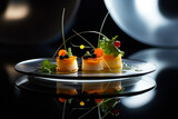 Beautifully presented Michelin star restaurant dish on a plate, black background. Refined and elegant cuisine, fine dinning