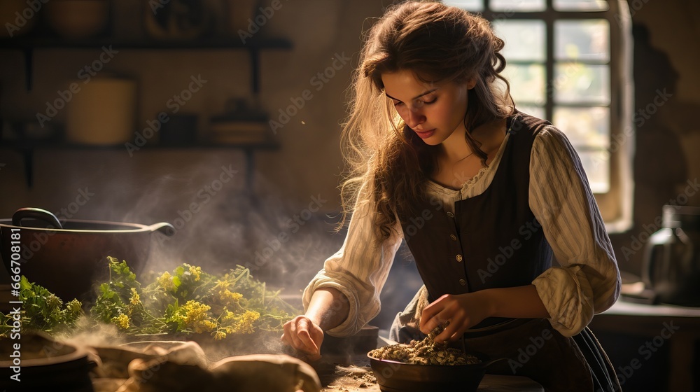A woman dressed in medieval clothing is preparing food as an alchemist or witch in the kitchen of an authentic French medieval castle - obrazy, fototapety, plakaty 