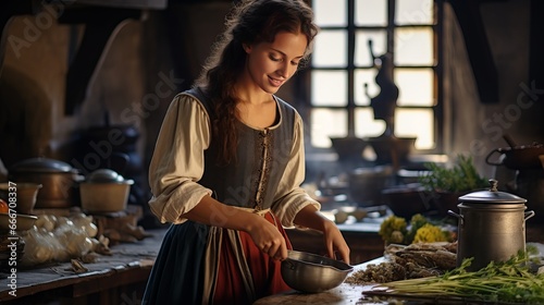 A woman dressed in medieval clothing is preparing food as an alchemist or witch in the kitchen of an authentic French medieval castle