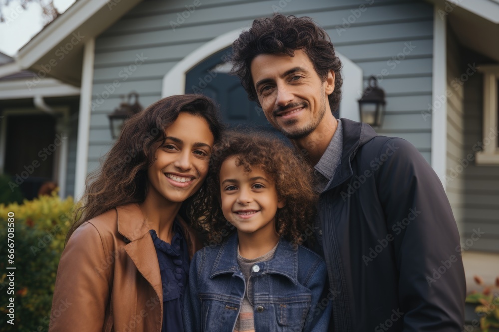 Fototapeta premium Portrait of a happy young family in front of a house