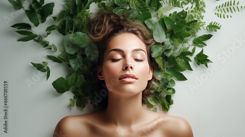 A woman in a skin care and beauty treatments concept with green leaves near her face and body.