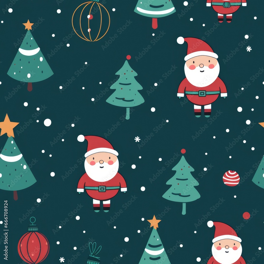 Seamless pattern with christmas tree, santa cros, gifts and snowflakes on green background.