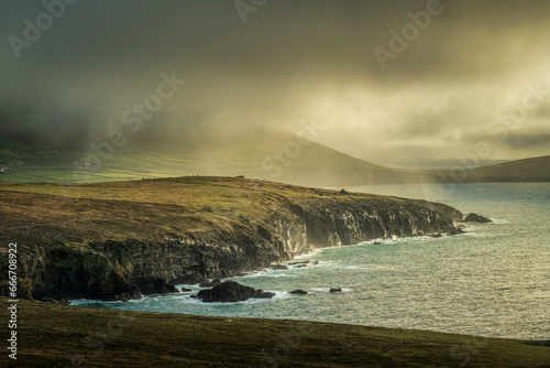 Rain sweeping across cliff tops, Dingle Peninsula, County Kerry, Munster, Republic of Ireland (Eire) photo