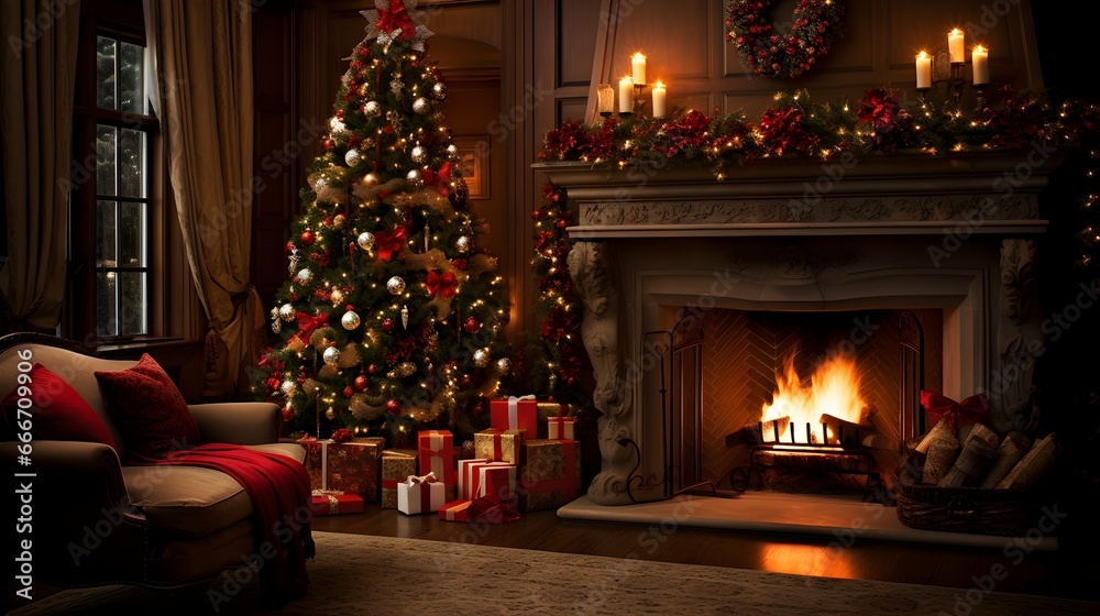 Elegant Christmas Living Room with Twinkling Tree, Festive Fireplace, and Cozy Decorative Details Elegant Christmas Living Room with Twinkling Tree, Festive Fireplace, and Cozy Decorative Details