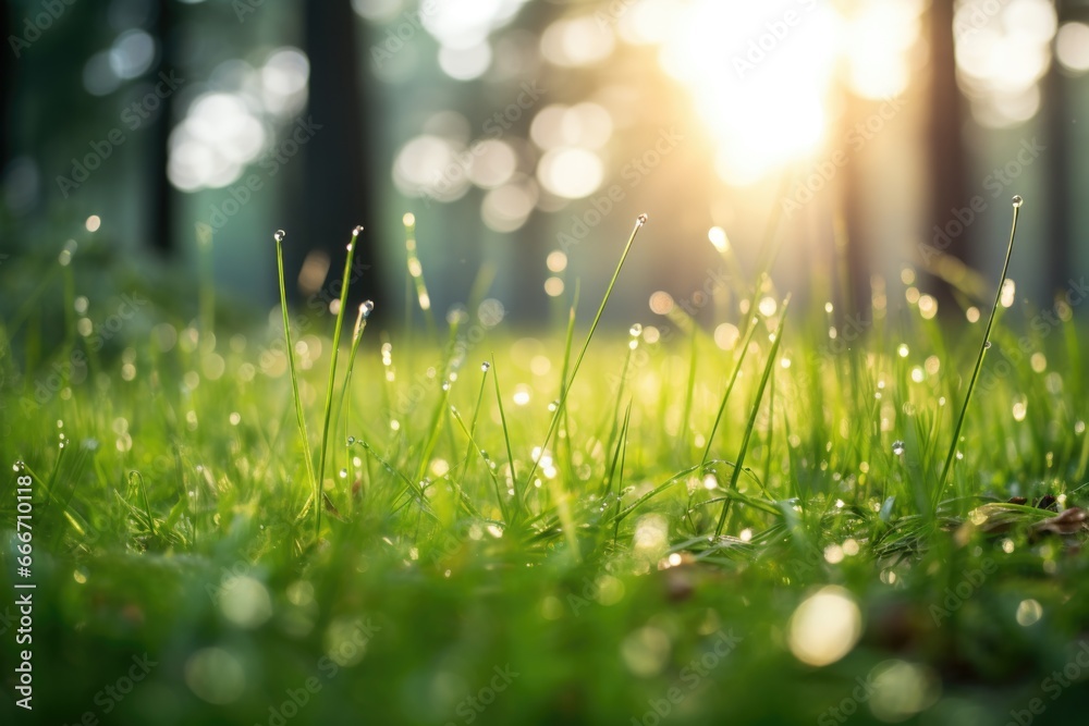 The landscape of green grass with dew in a forest with the focus on the setting sun. Soft focus The landscape of green grass with dew in a forest with the focus on the setting sun. Soft focus