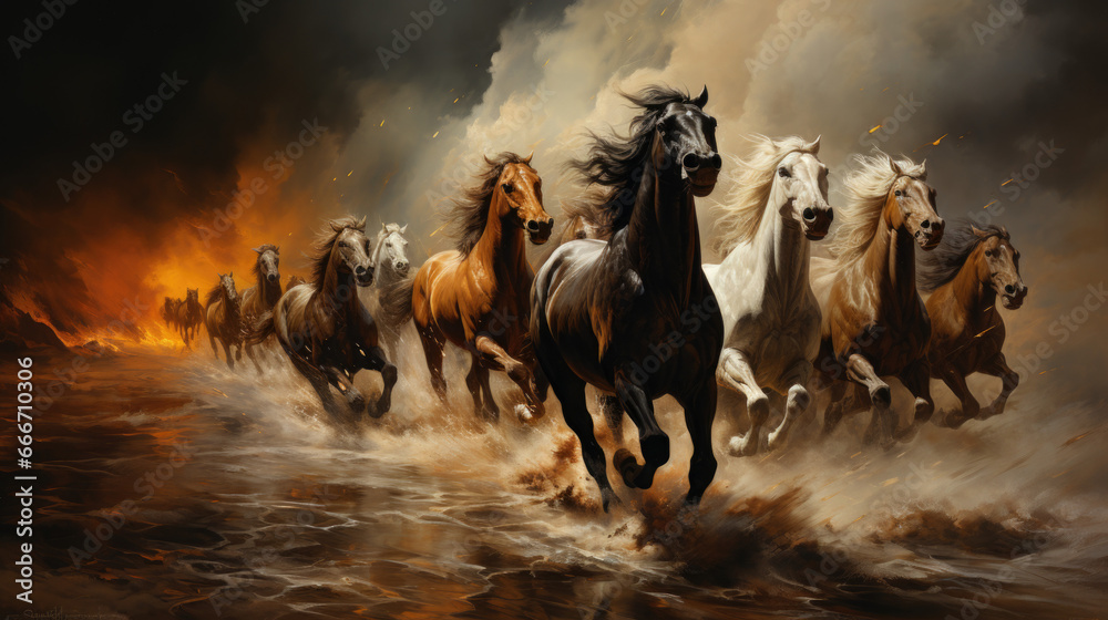 Horses herd run in desert sand storm against dramatic sky.