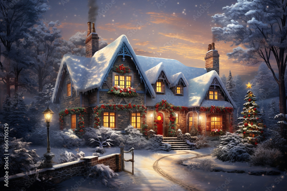 The spirit of winter, featuring a festive holiday landscape adorned with glistening snow, cozy houses aglow with twinkling lights. Ai generated