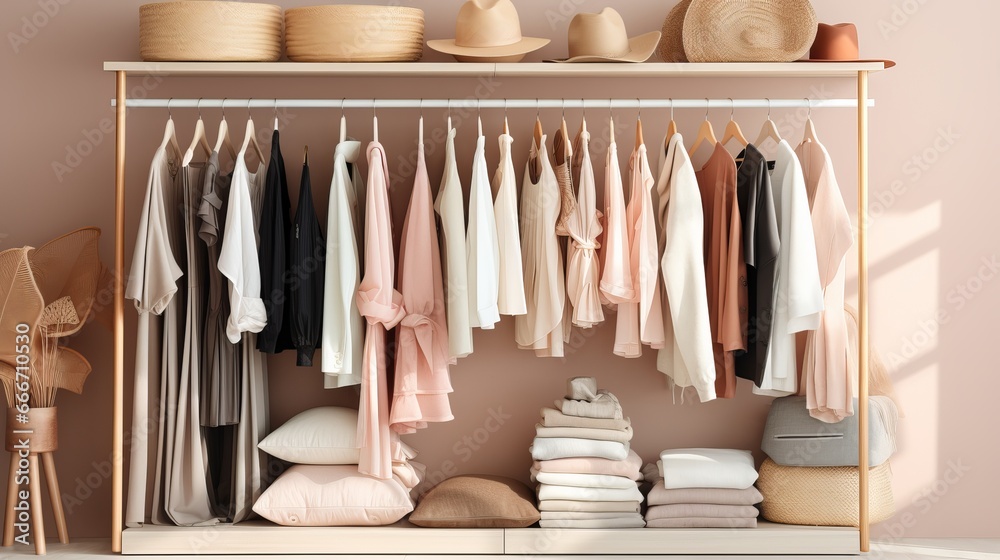 A wardrobe that is modern and has stylish spring clothes and accessories A wardrobe that is modern and has stylish spring clothes and accessories