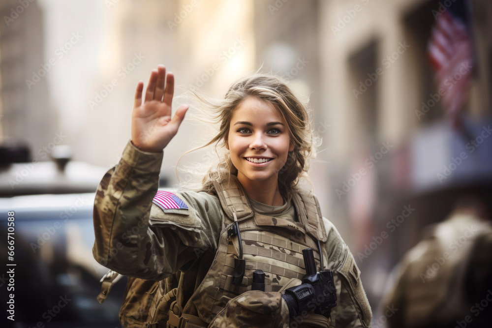 Happy american servicewoman waving her hand on her homecoming