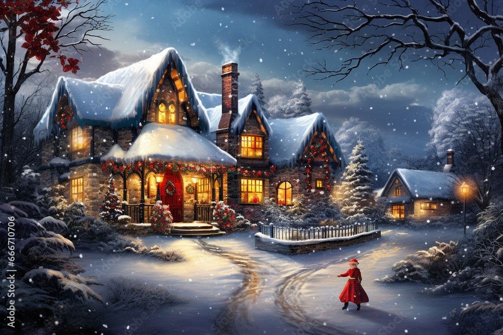 The spirit of winter, featuring a festive holiday landscape adorned with glistening snow, cozy houses aglow with twinkling lights. Ai generated The spirit of winter, featuring a festive holiday landscape adorned with glistening snow, cozy houses aglow with twinkling lights. Ai generated