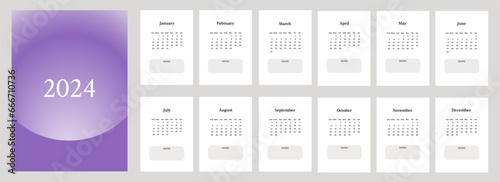 Simple corporate desk calendar 2024 with with notes. Week start on Sunday. Set of 12 months. Template for A4 A3 A5 size