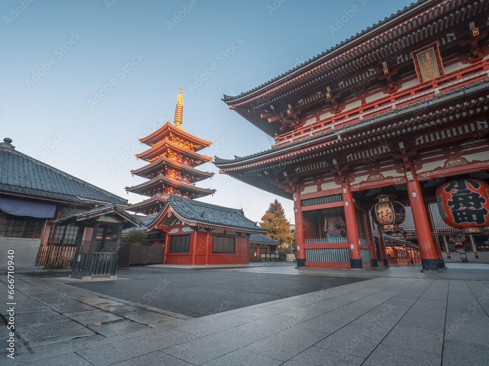 Sunrise at Hozomon Gate and Five Storied Pagoda in the Senso-Ji Buddhist temple complex (Asakusa Kannon), Tokyo, Japan Sunrise at Hozomon Gate and Five Storied Pagoda in the Senso-Ji Buddhist temple complex (Asakusa Kannon), Tokyo, Japan