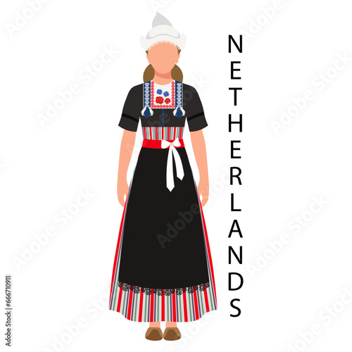 Woman in Dutch folk costume and headdress. Culture and traditions of the Netherlands. Illustration, vector