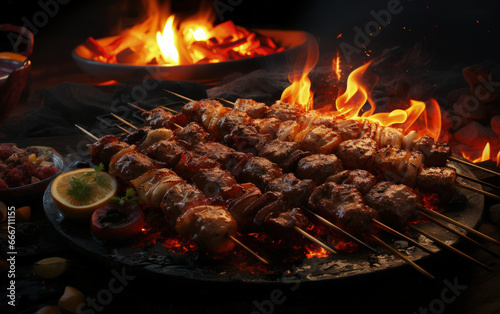 Fresh roasted kebab, meat on skewers on plate at campfire, fireplace during night barbeque