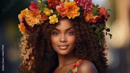 A woman in spring has a wreath made of colorful flowers and colorful hair. This beautiful woman has flowers blooming on her head. A natural hairstyle can be used for holiday fashion makeup.