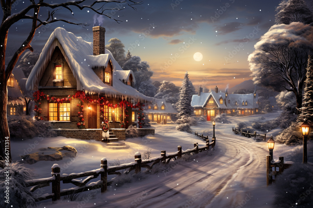 The spirit of winter, featuring a festive holiday landscape adorned with glistening snow, cozy houses aglow with twinkling lights. Ai generated