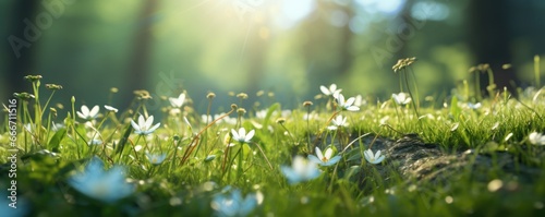 The landscape of daisy flowers in a forest with the focus on the setting sun. Soft focus