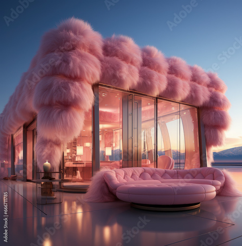 Fantastic house, pavilion with pink fur, cafe with with pink sofa outside at terrace