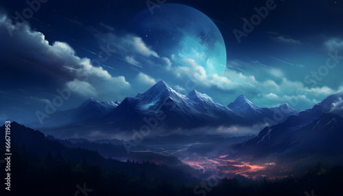 Scenery reflection lake and mountains landscape. Fantasy landscape with a lake, trees, clouds and moon. Moonlight. Starry sky. Fairytale fight scene. Magic forest. 